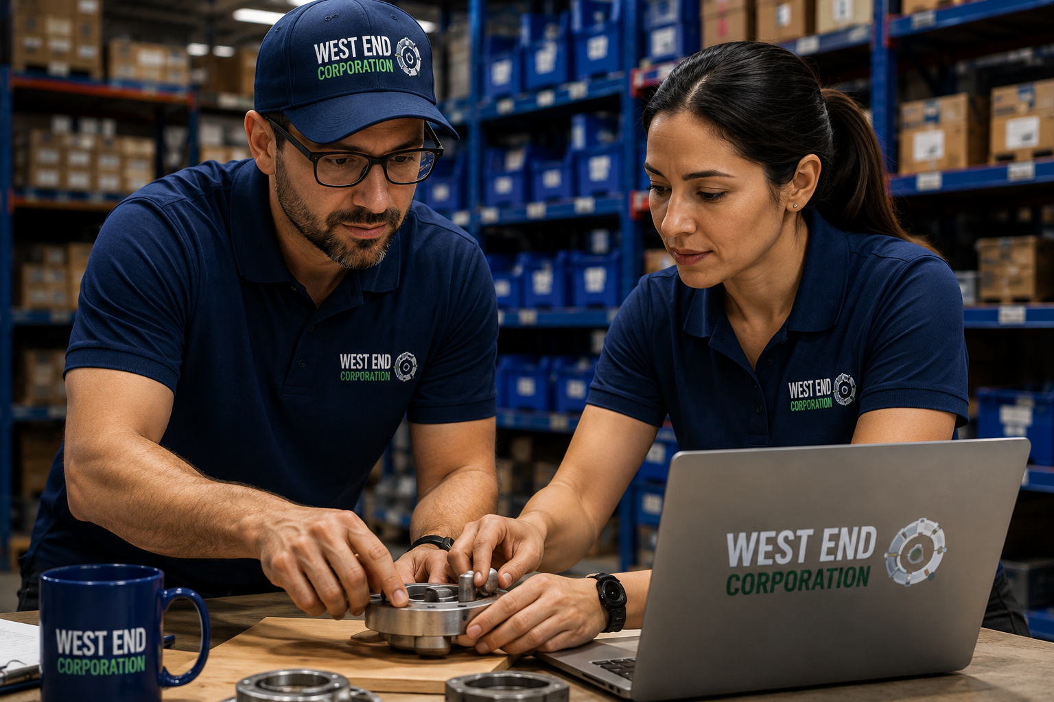 West End Corporation Industrial Sourcing Team West End Corporation sourcing team reviewing industrial parts in a warehouse
